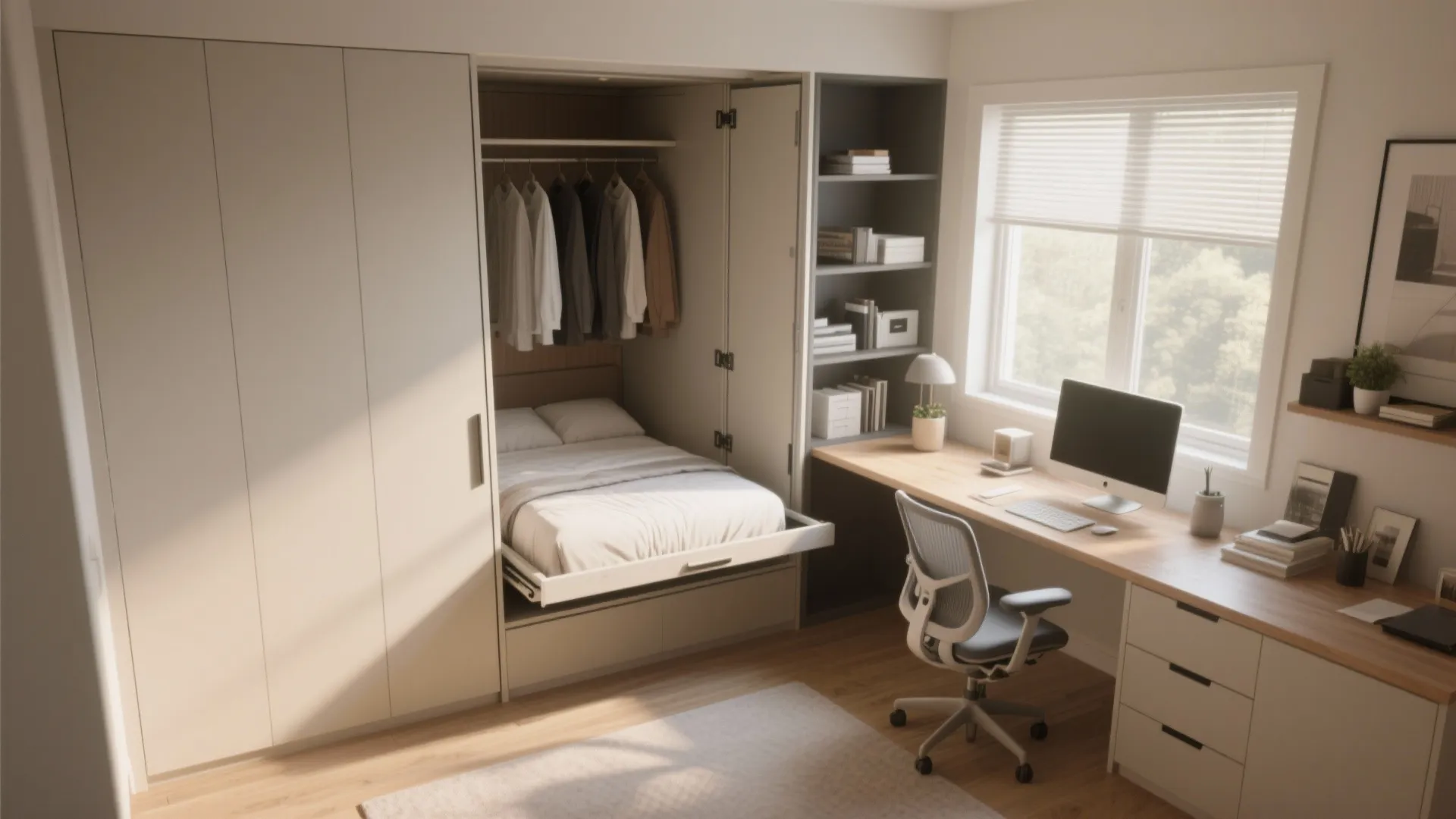 Small bedroom featuring a white folding bed, wooden desk, office chair, window, and wall cabinet