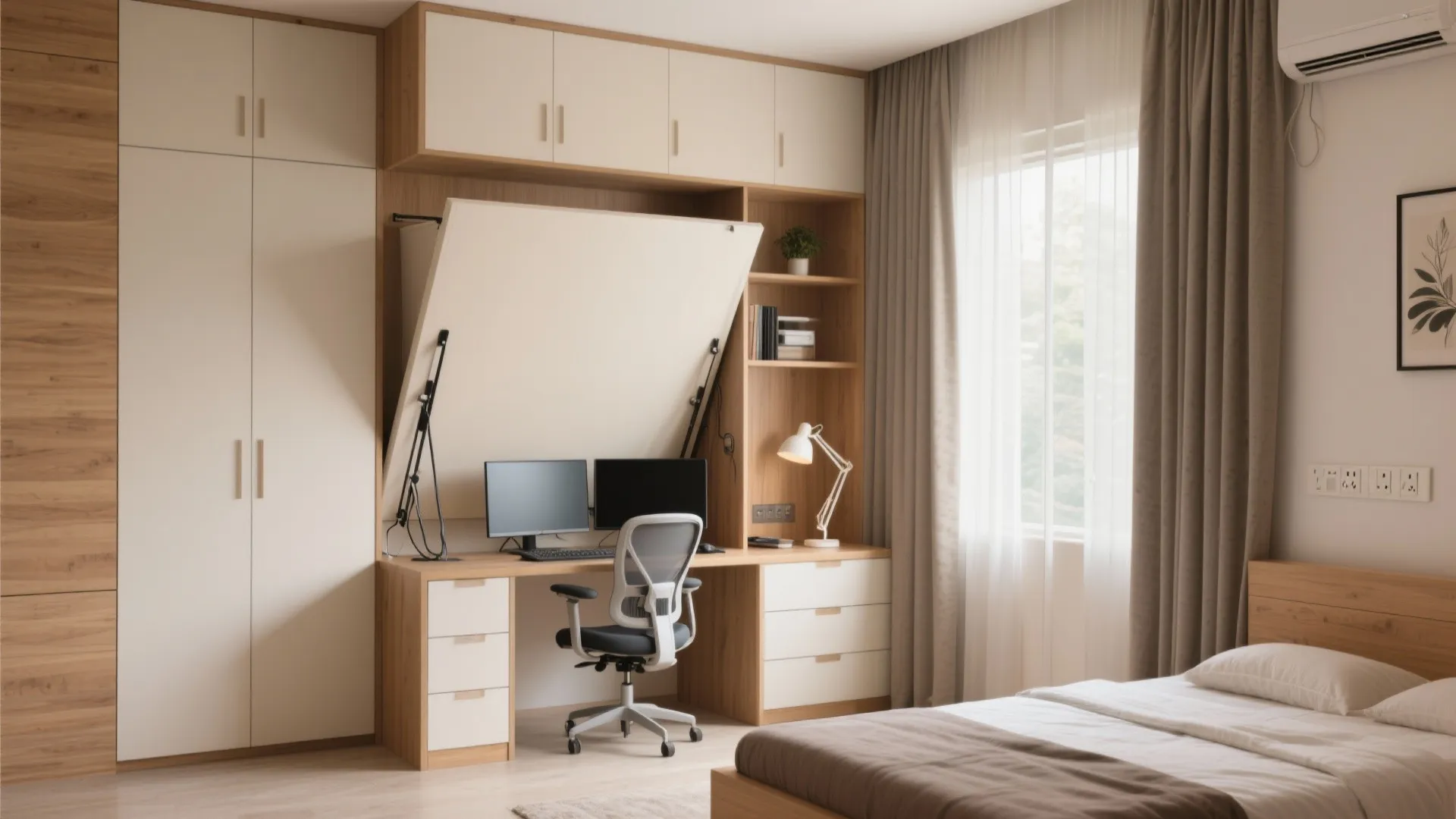 Small bedroom interior featuring a hidden wall bed integrated with a desk and large storage cabinet