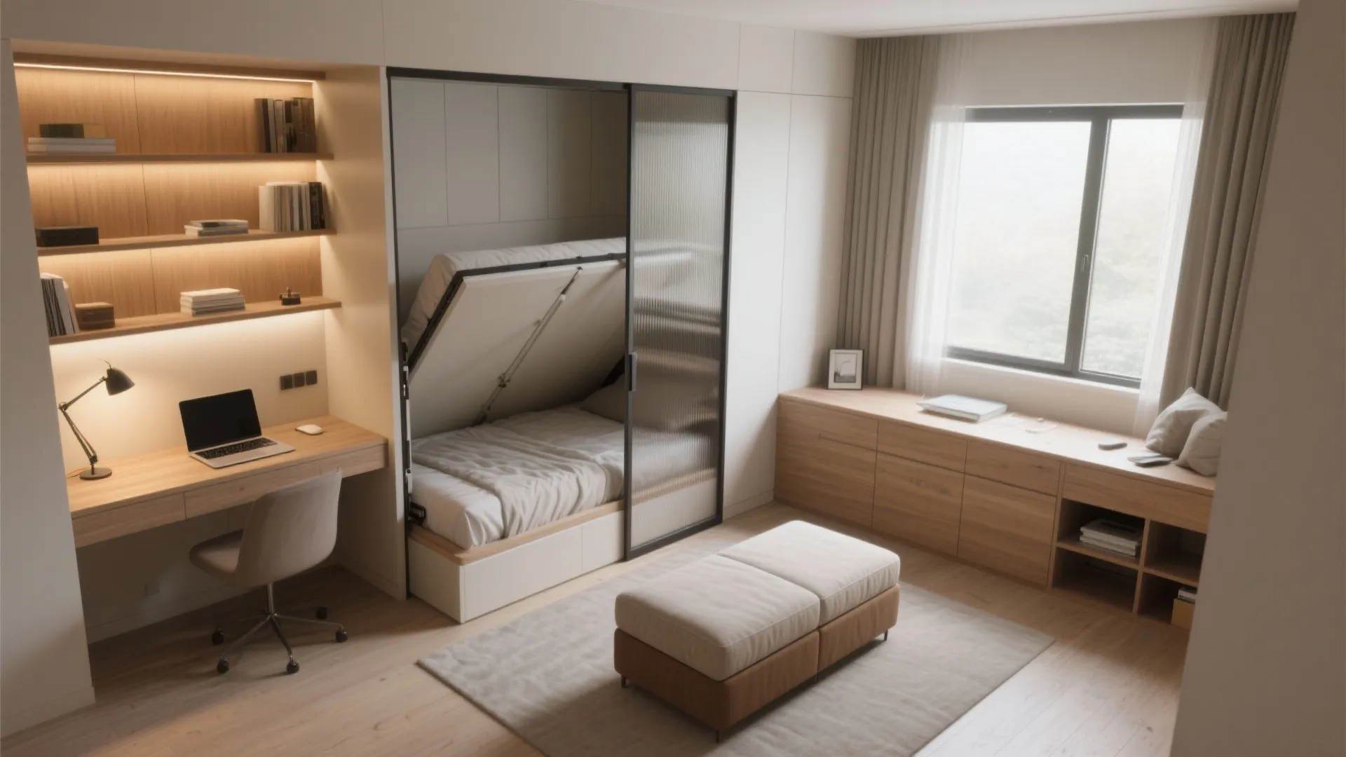 Dual-purpose bedroom with Murphy bed, integrated shelving, and a wall-mounted desk for guest and office use.