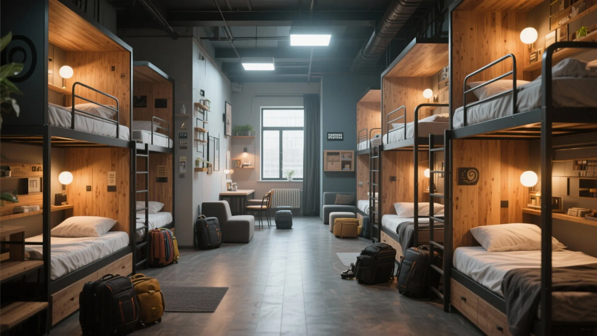 Modern hostel room with wooden bunk beds metal frames suitcases on floor and bright ceiling lights