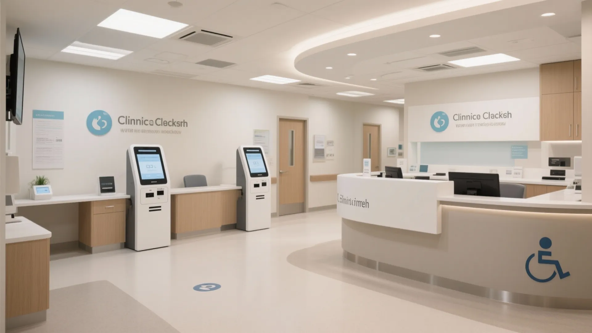 Modern medical clinic reception area with white service desk wooden cabinets and digital check-in kiosks