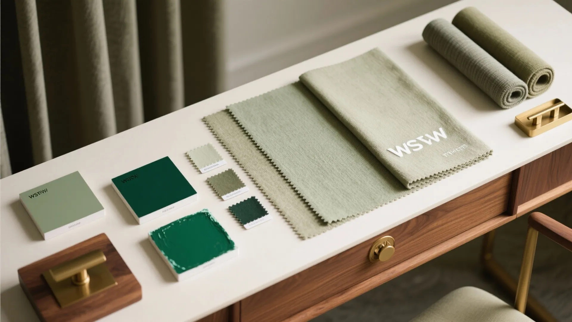 Material flat lay with sage and forest green swatches for home office design