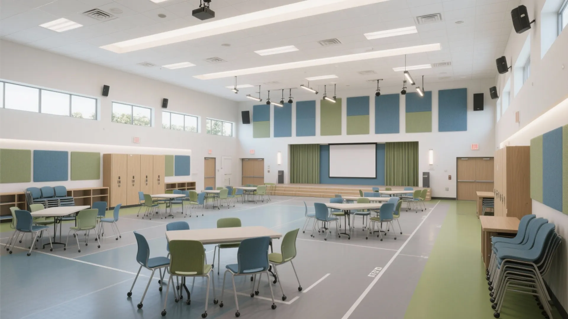 Spacious community room with multiple tables, blue and green chairs, a stage, and white walls