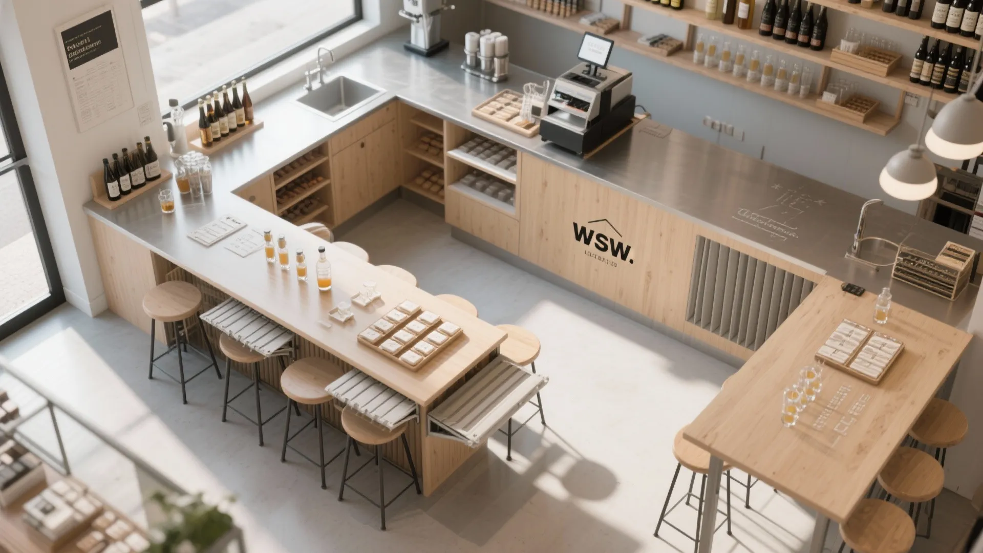 Interior design drawing of a u-shaped wooden shop counter with stools sink and wall shelves