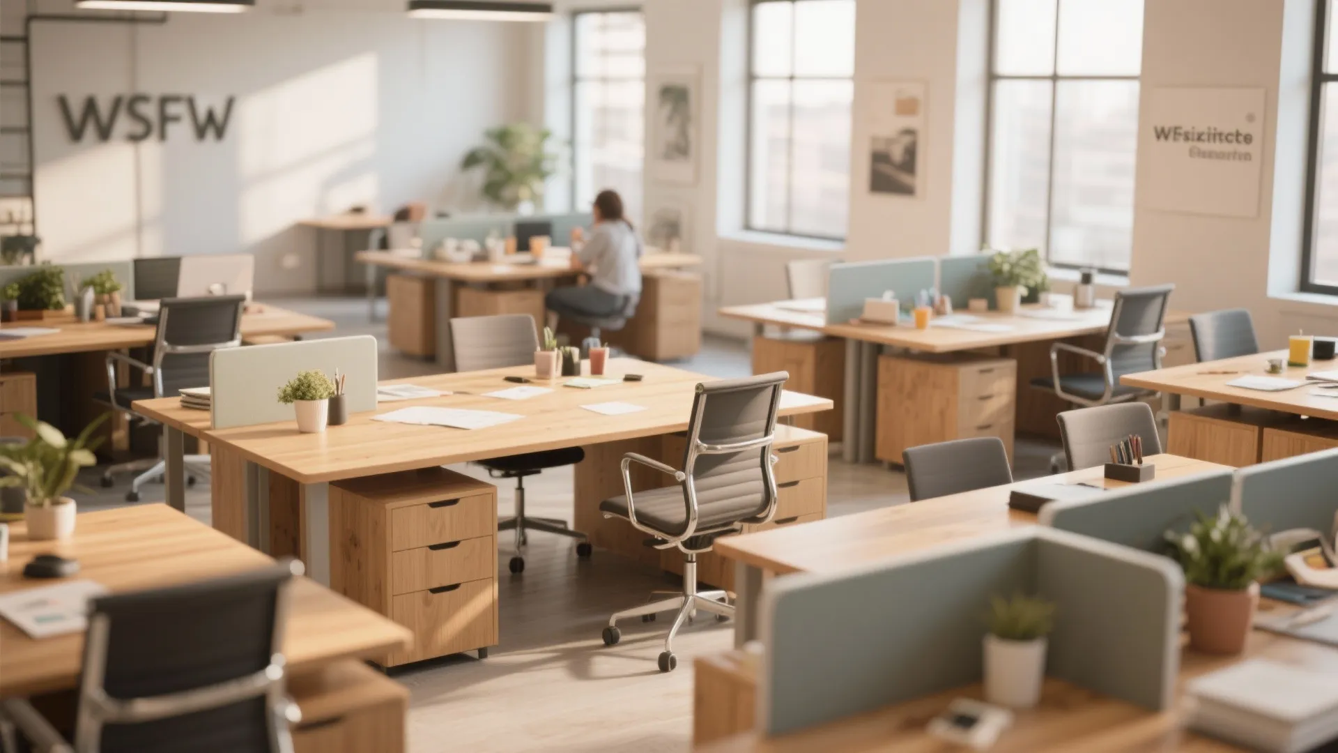 Open office room layout with wooden desks black chairs small plants and large glass windows