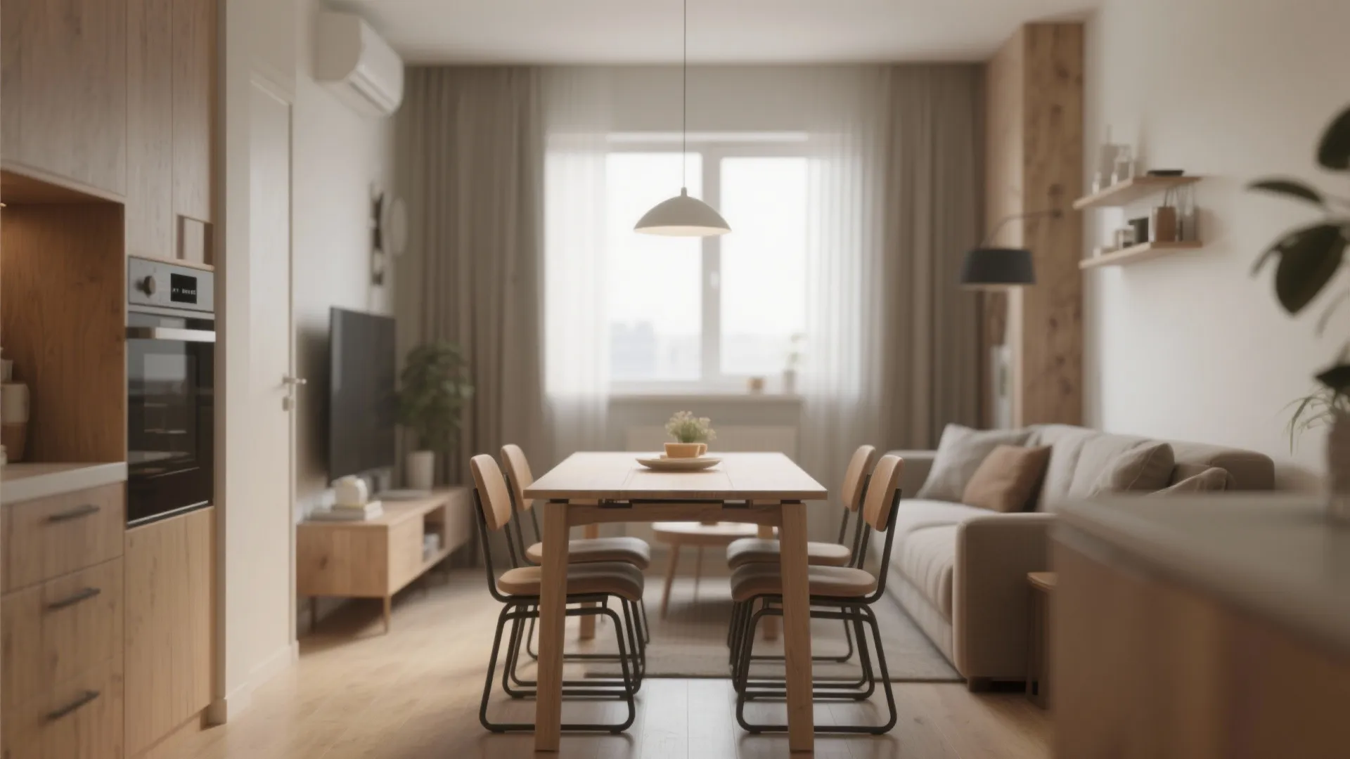 Small apartment interior design with wooden dining table, grey sofa, television, and white ceiling light