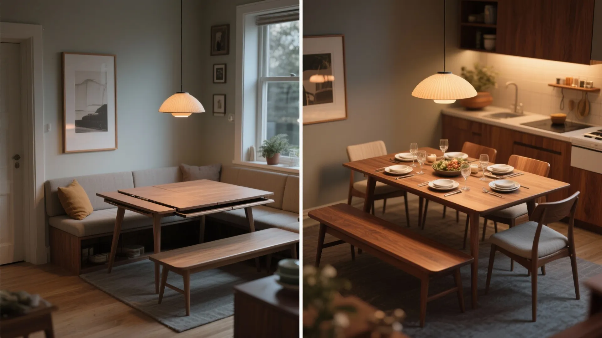 Before and after interior design comparison of dining area with wooden table bench and ceiling light