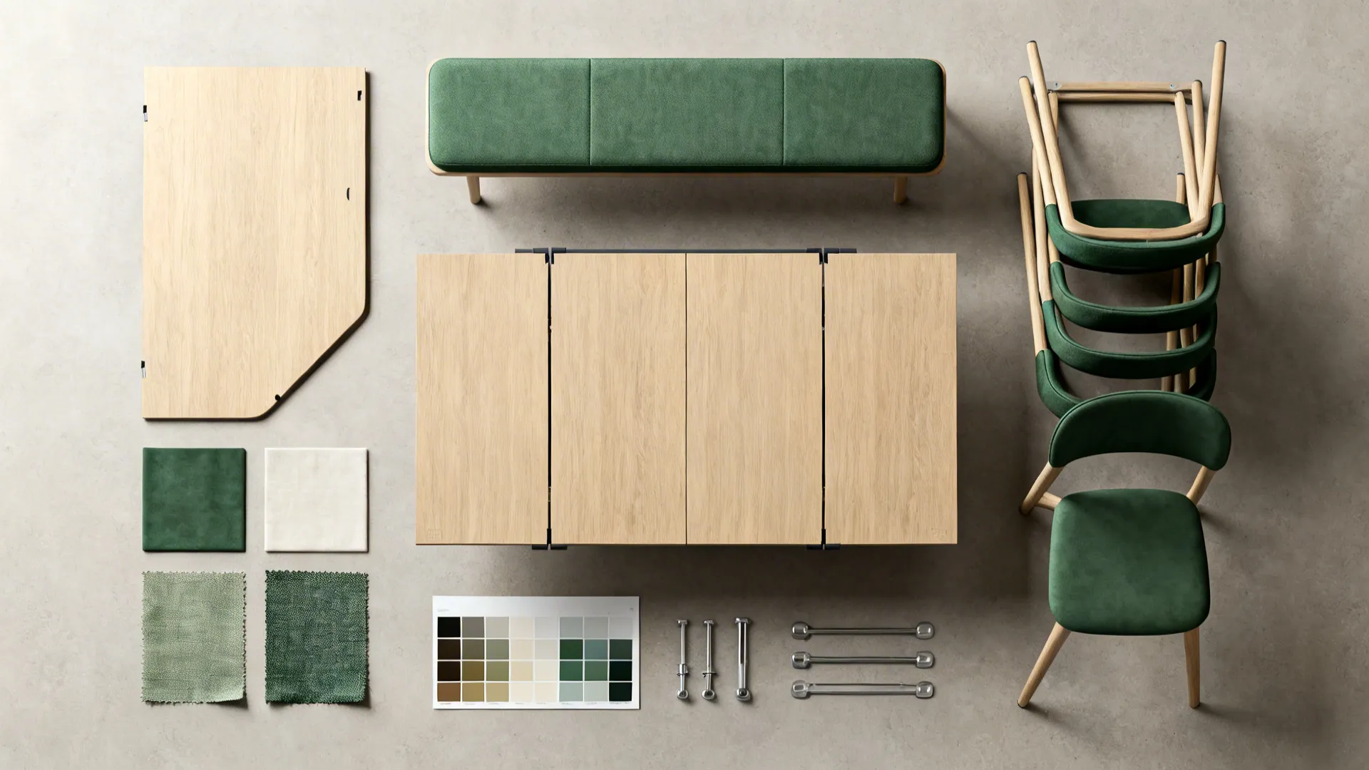 Top-down view of extendable table parts, bench cushions, and stackable chair samples