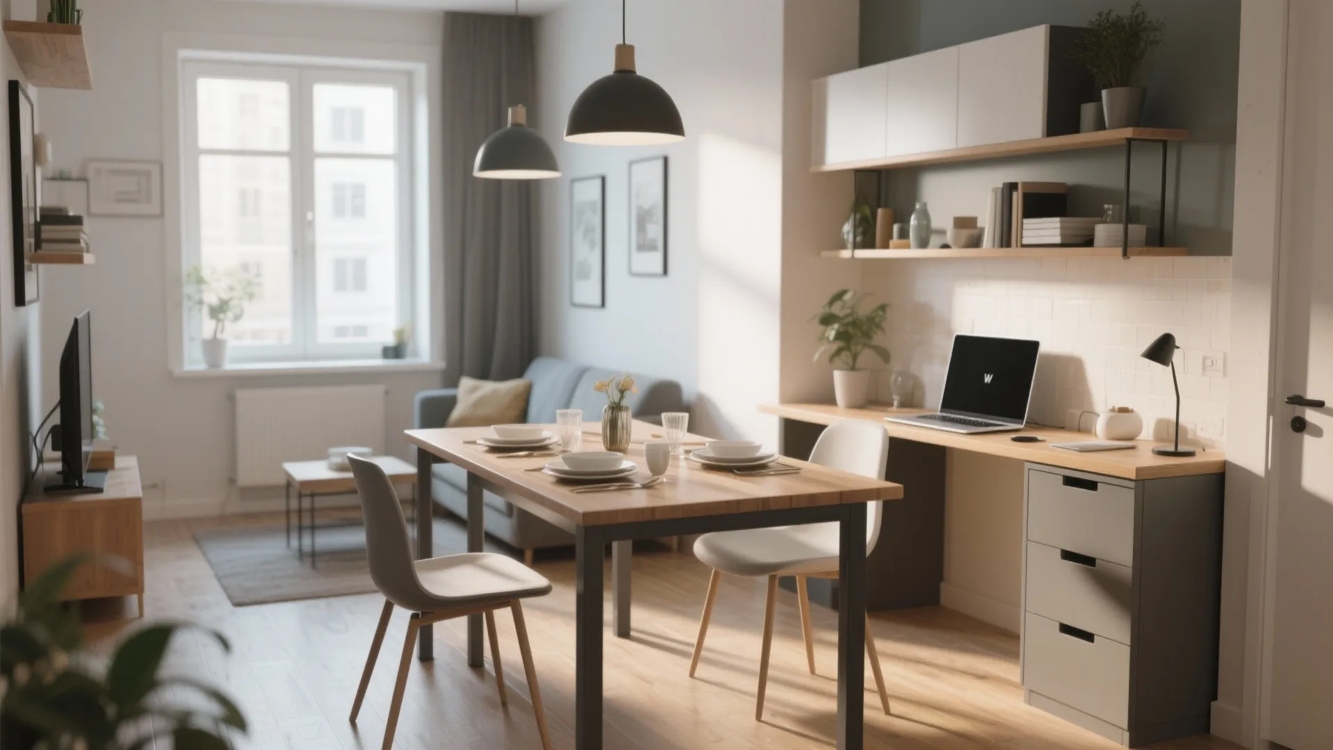 Modern apartment interior featuring wooden dining table with grey chairs and a dedicated home office desk