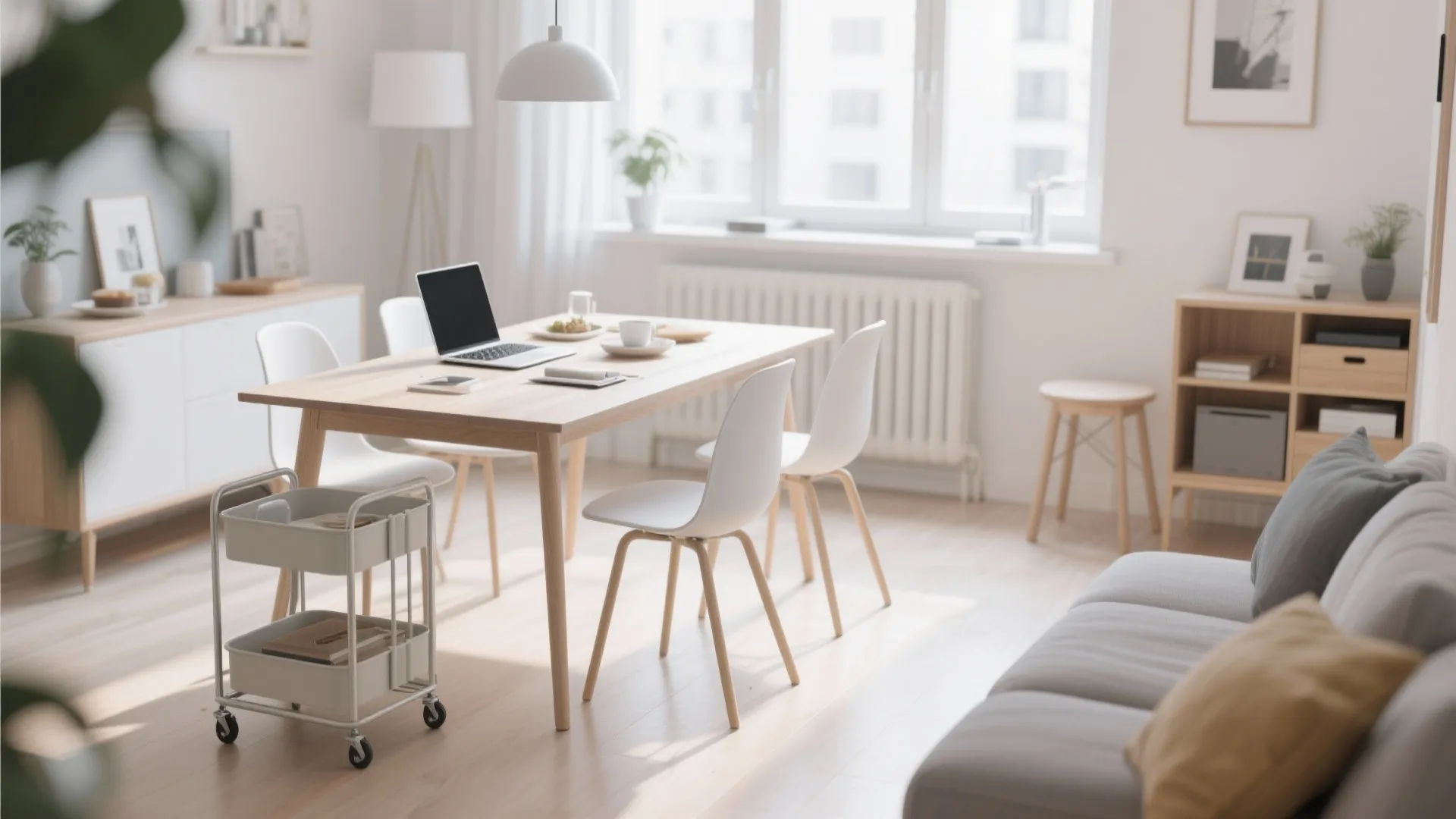 Modern bright dining room used as workspace with laptop on wooden table and white chairs