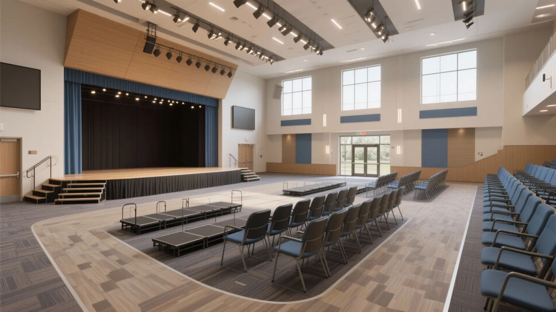 Spacious modern auditorium with wooden stage, blue curtains, rows of seating, ceiling lights and windows