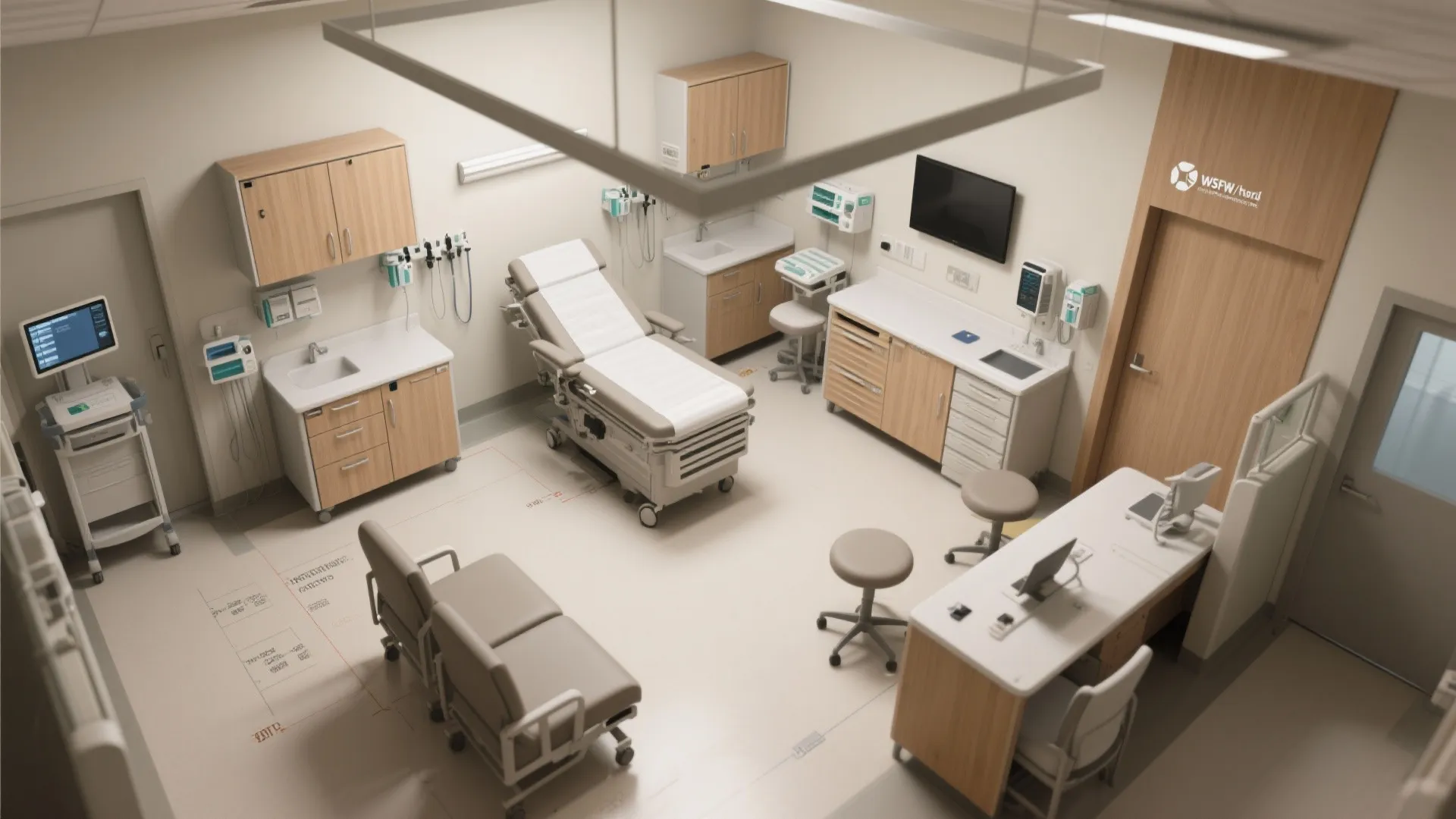 Modern medical exam room interior design with patient bed wood cabinets white desk and medical equipment