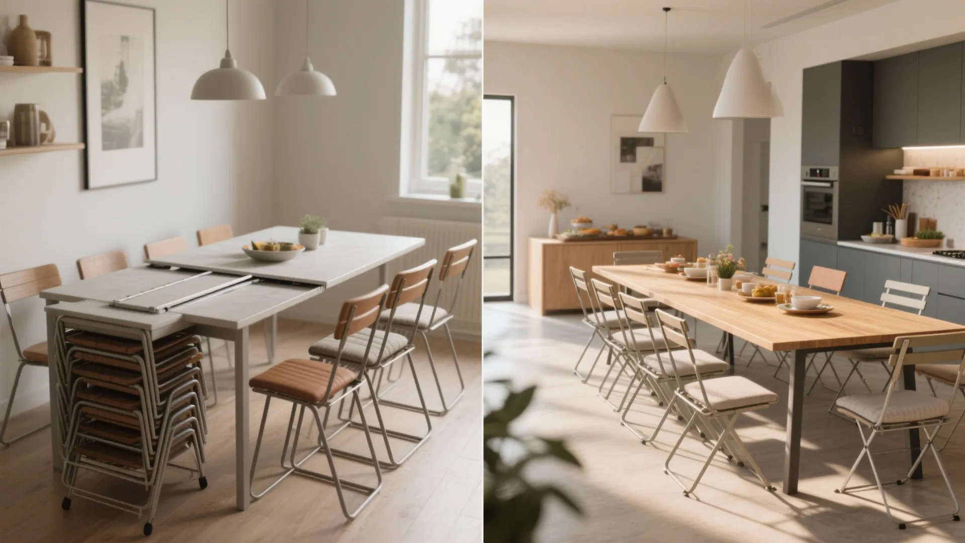 Before and after view of an extendable dining table collapsed for daily use and extended for guests in a small room.
