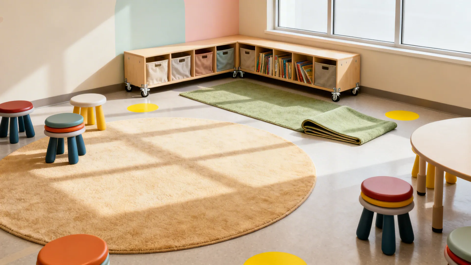 Flexible preschool room with circle rug, stackable stools, and lockable caster bins in an L.