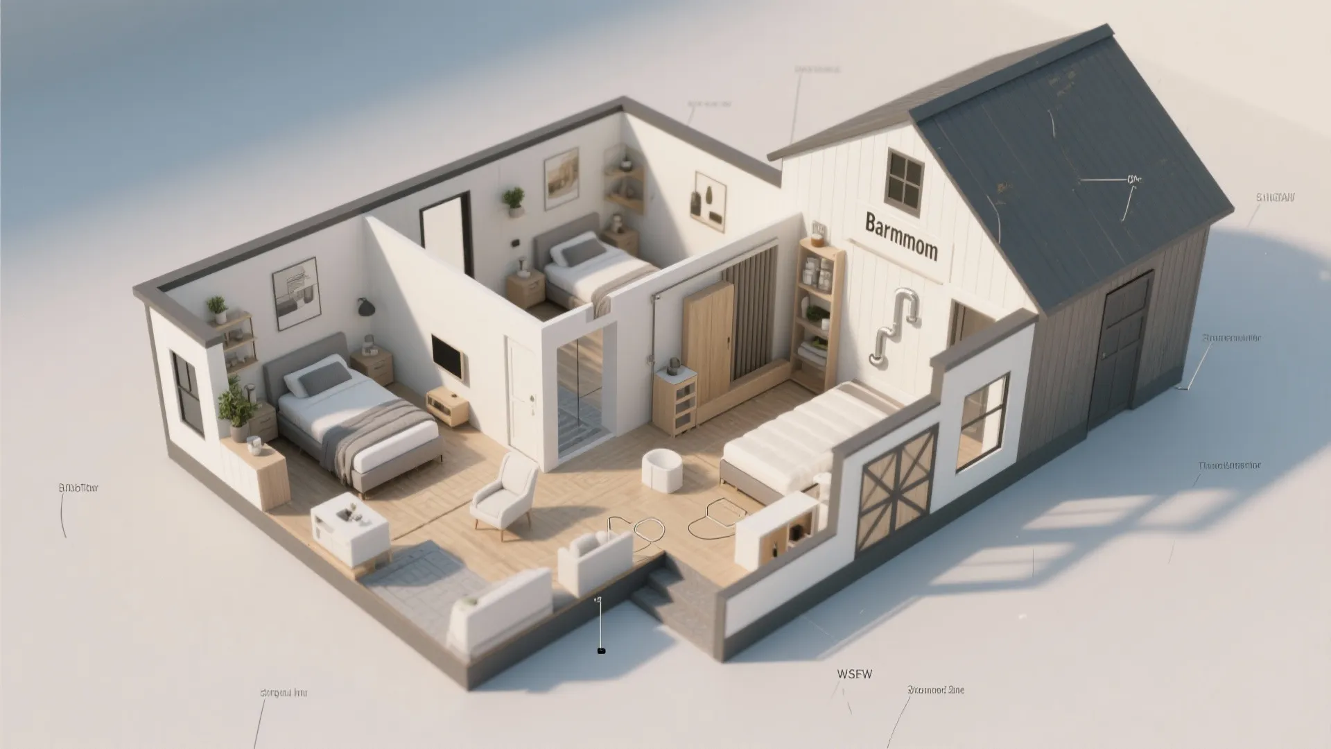 Interior design drawing showing a 3D floor plan with two bedrooms furniture and living area