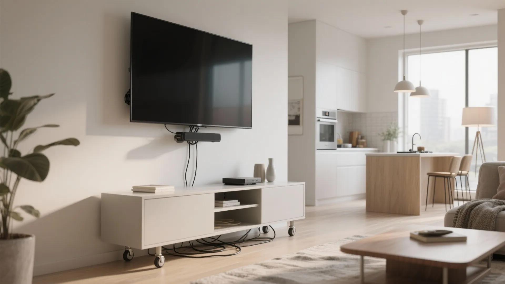 Wall mounted television above white cabinet with wheels in a modern living room and kitchen