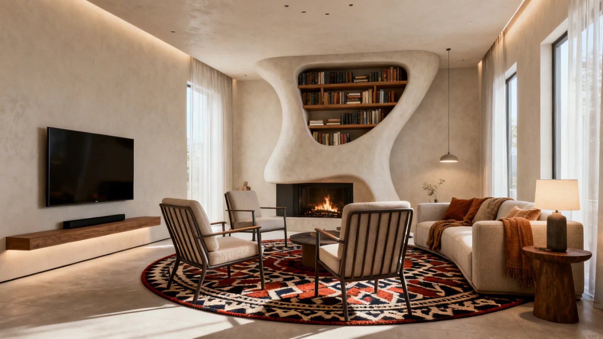 Small living room centered on a sculptural bookshelf and fireplace with seating arranged for conversation.