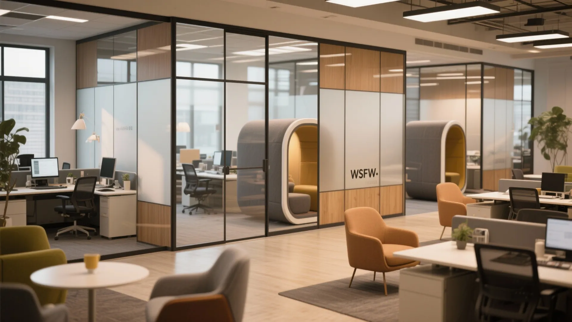 Modern office interior with glass wall panels and private focus pods for quiet individual work