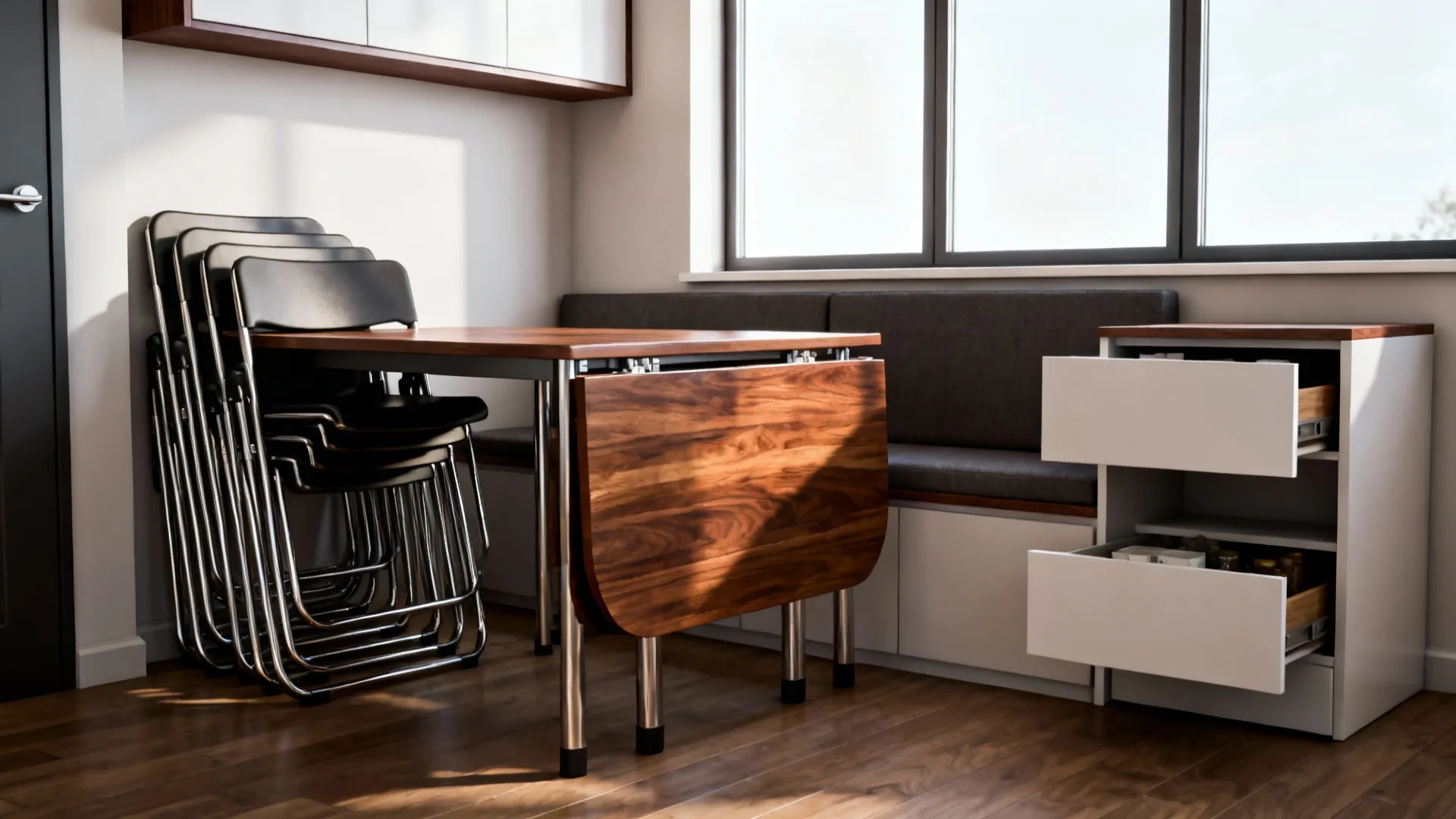 Extendable dining table and stackable chairs in a small living-dining space demonstrating flexible setup