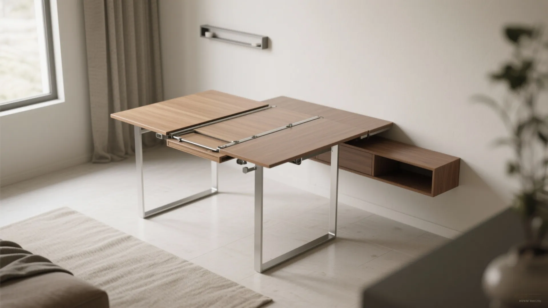 Folding wooden dining table with metal legs extending from a wall cabinet in bright modern room