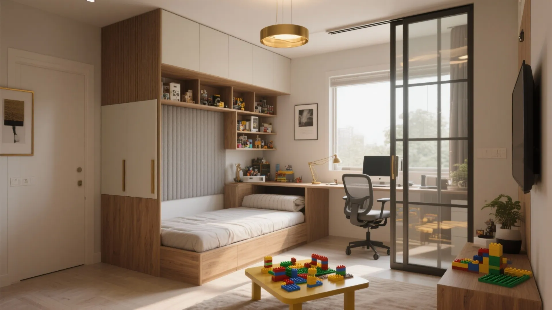 Flexible fourth room: study–guest–hobby with sliding partitions