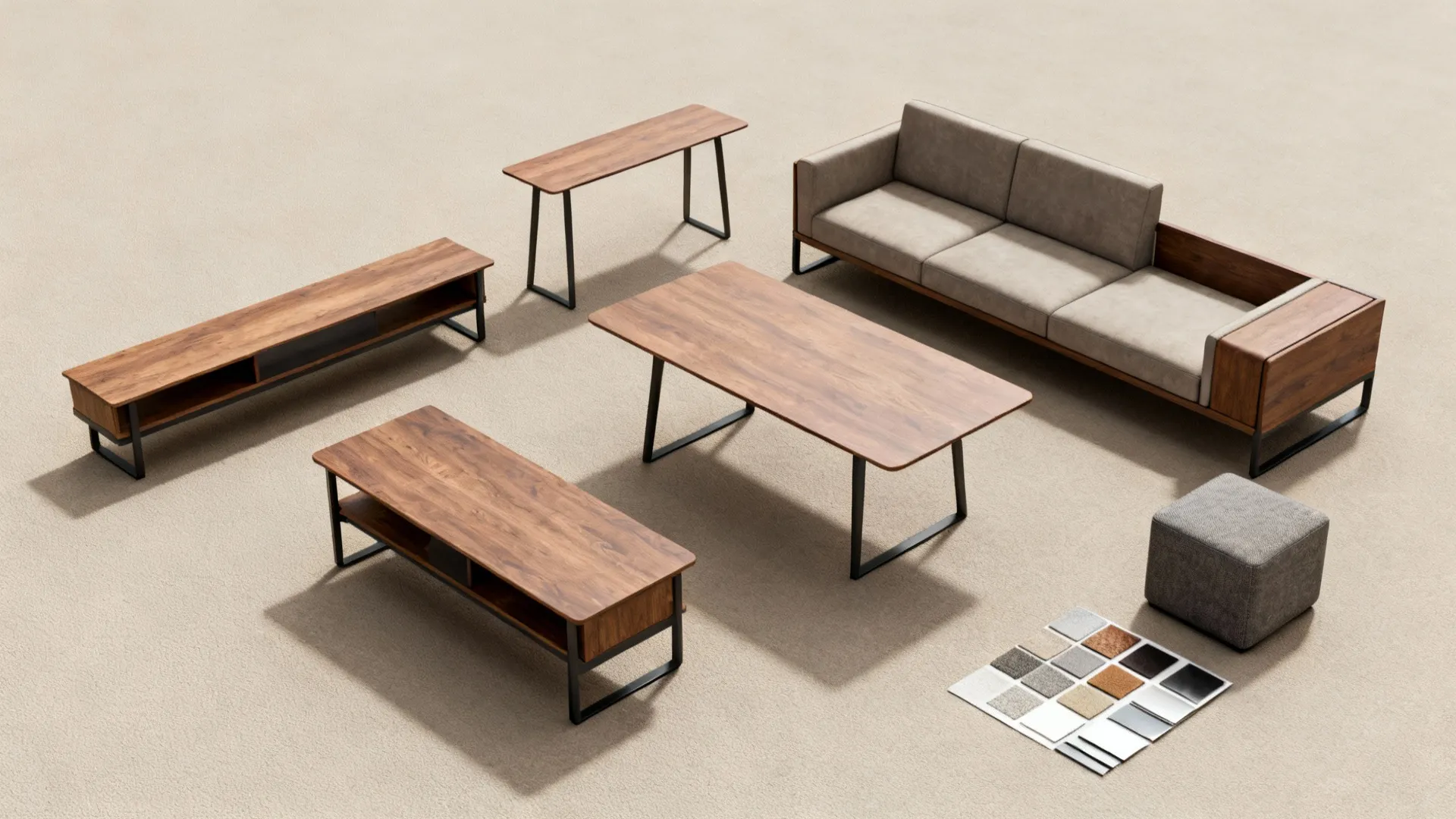 Flatlay of flexible, narrow, and modular furnishing options for multi-use small living rooms with material swatches.