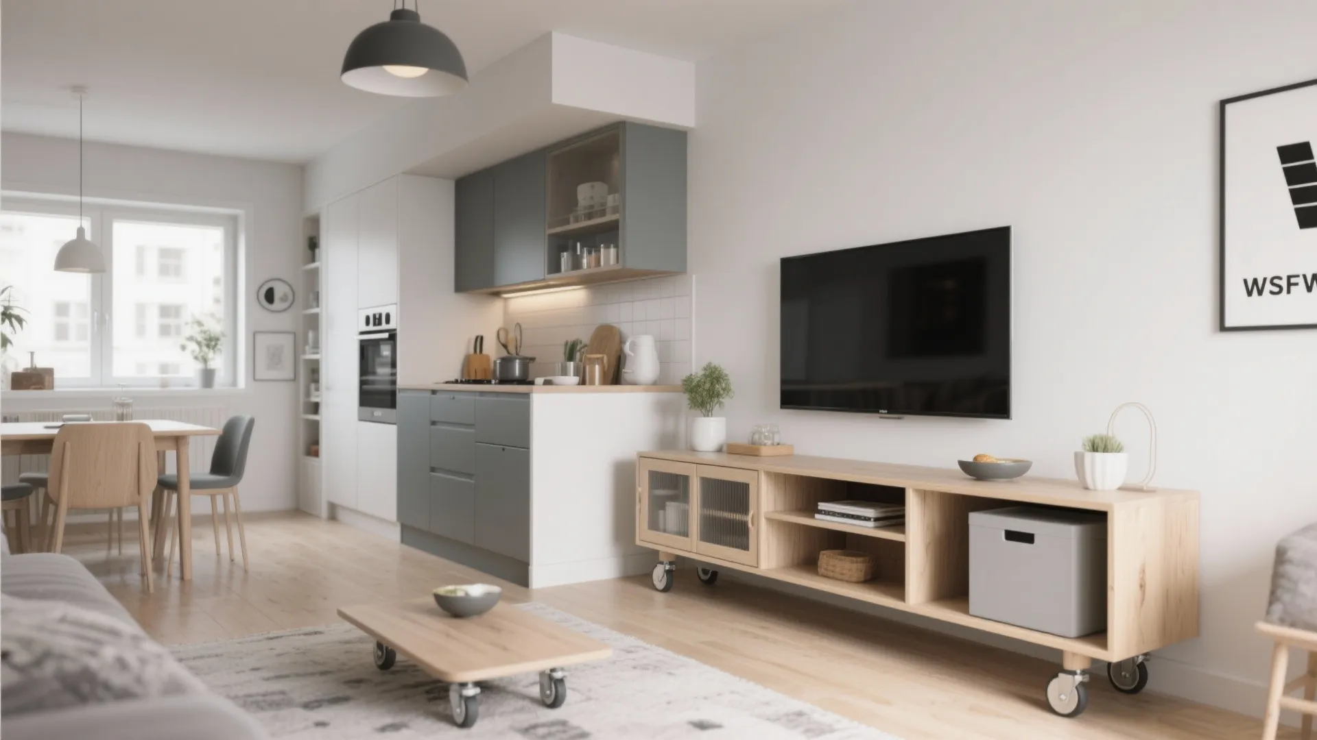 Small apartment living area featuring wooden cabinet with wheels television and open kitchen layout design
