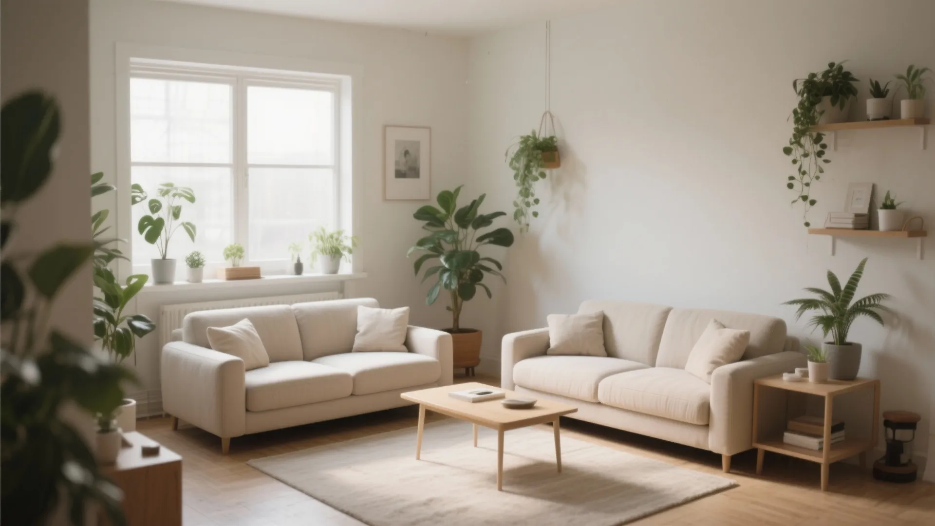 Minimalist living room with two beige sofas wooden coffee table and many green potted house plants