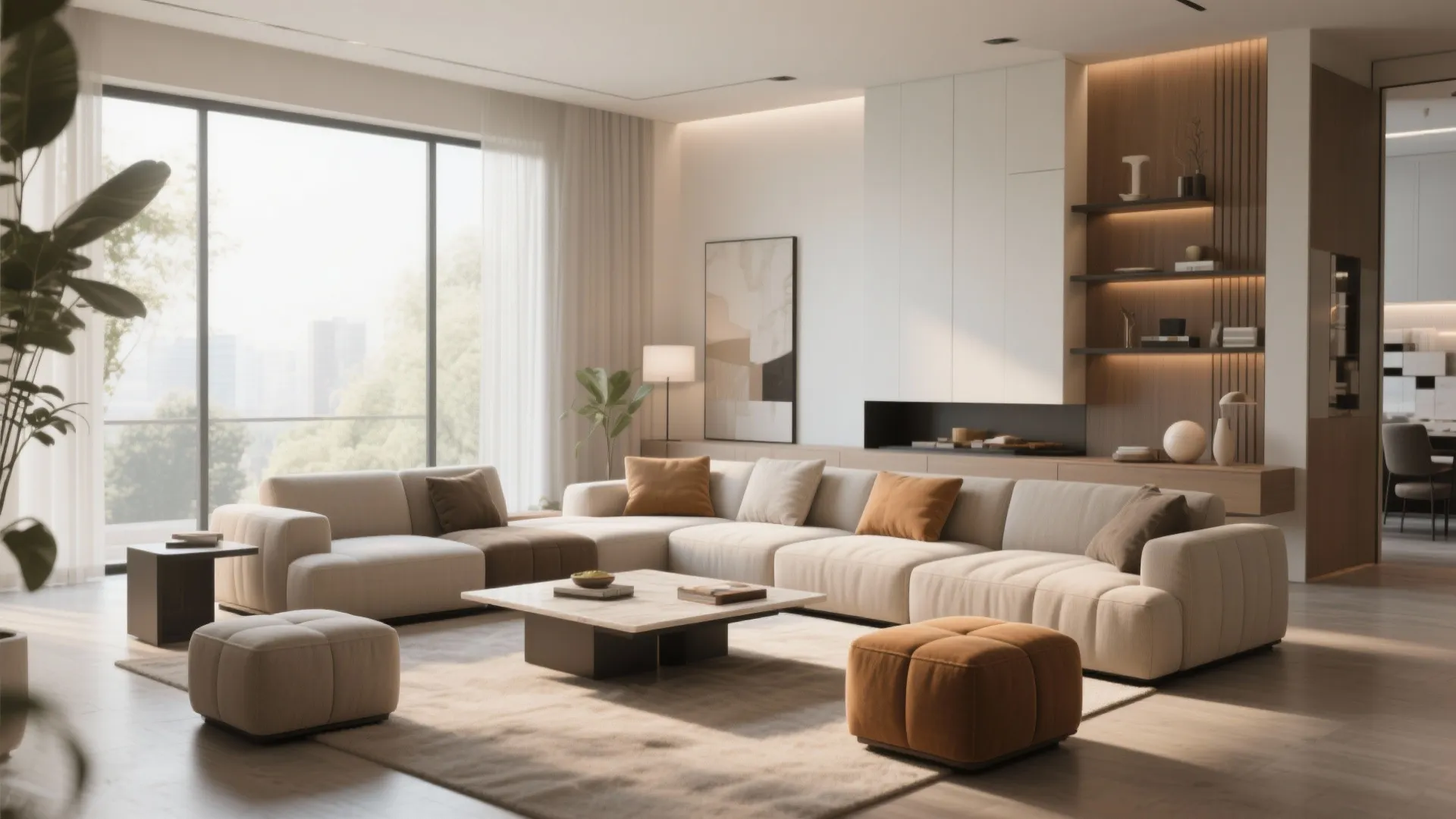 Spacious living room featuring large modular sofa two footrest stools coffee table and big glass windows