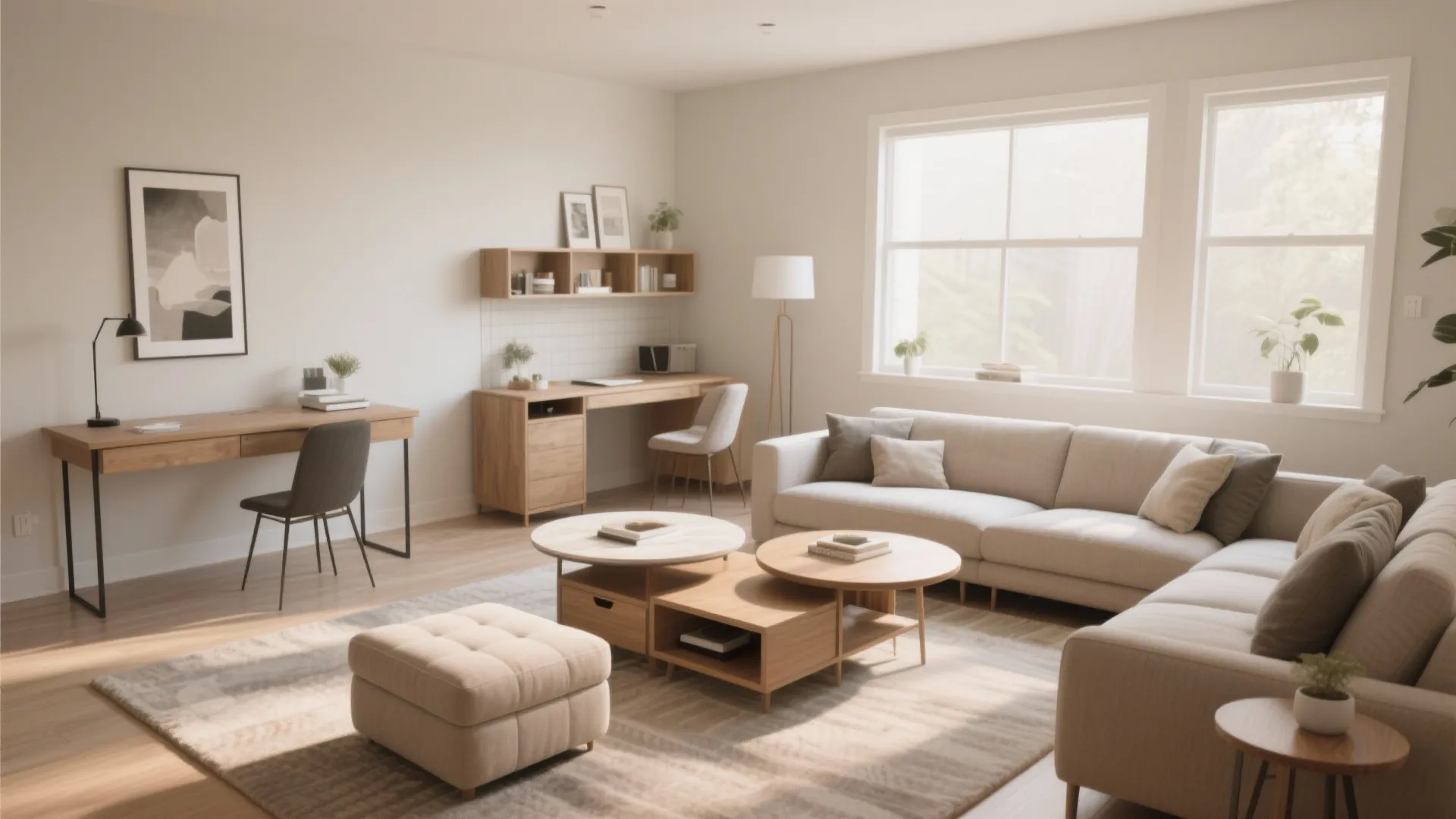 Bright open room layout with beige sofa wooden desks floor lamp and comfortable beige fabric footrest