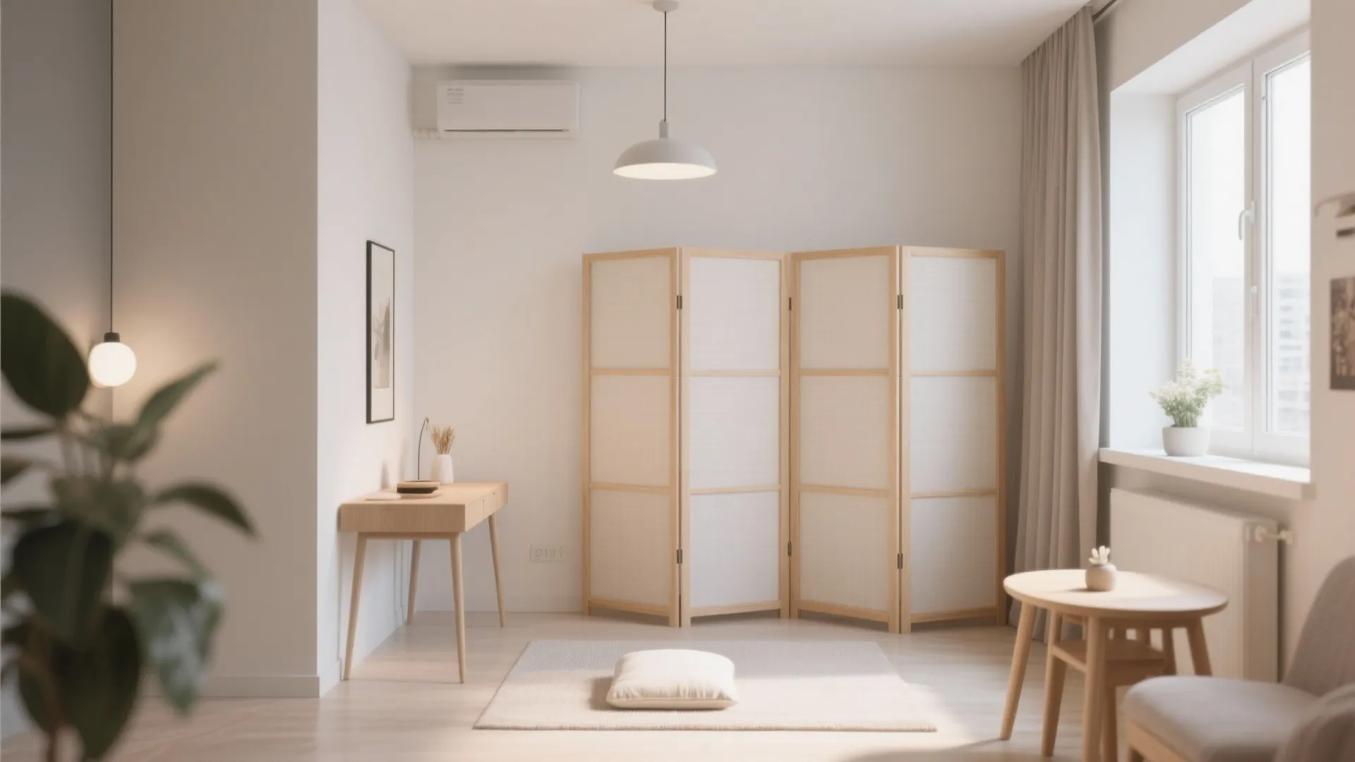 Minimalist room with white walls folding room divider wooden desk and white hanging ceiling light