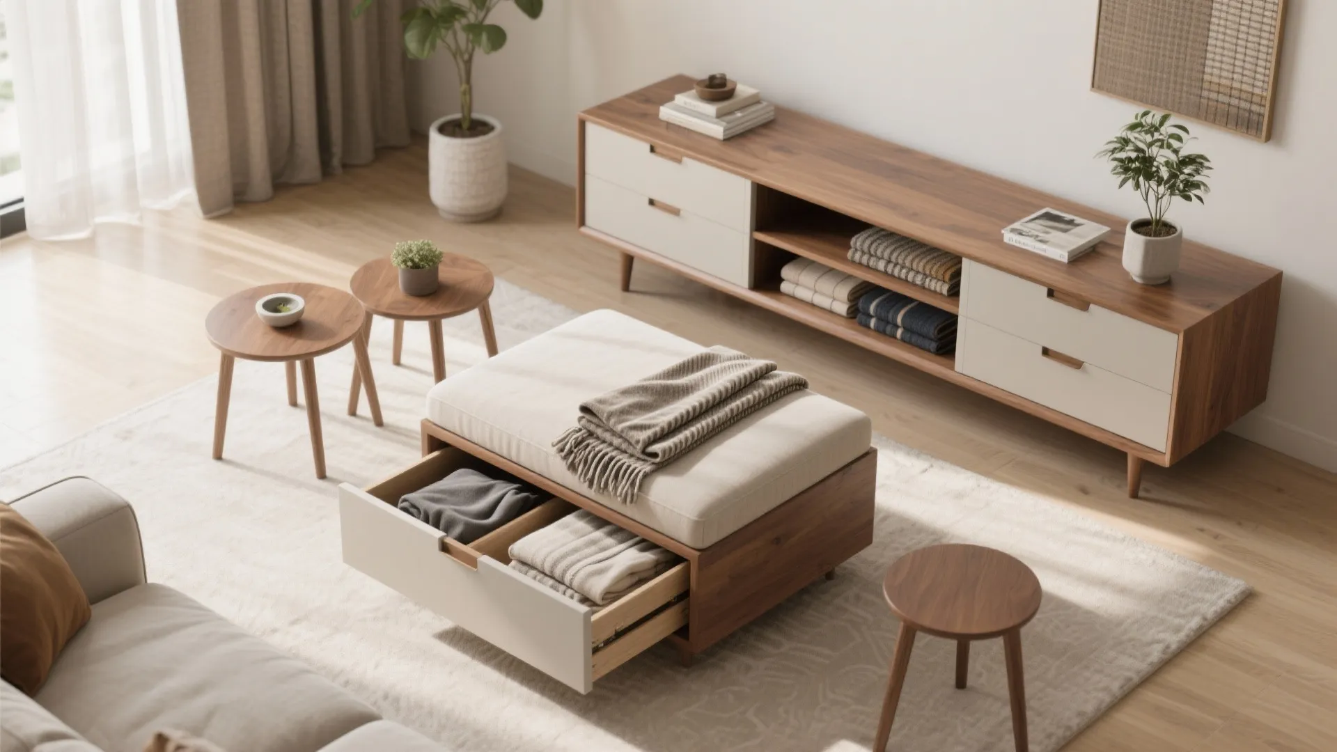 Modern living room featuring a wooden footrest with open storage drawer and matching TV cabinet