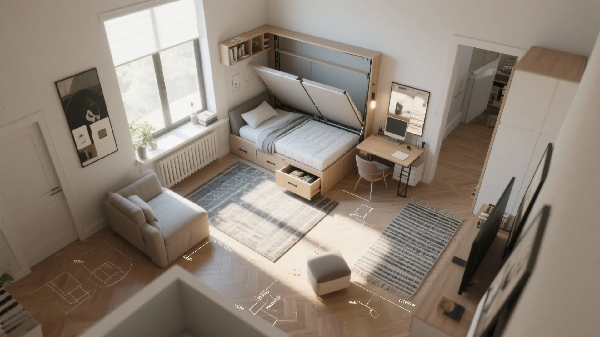 Modern studio apartment with a folding wall bed desk chair and wooden floor with sunlight