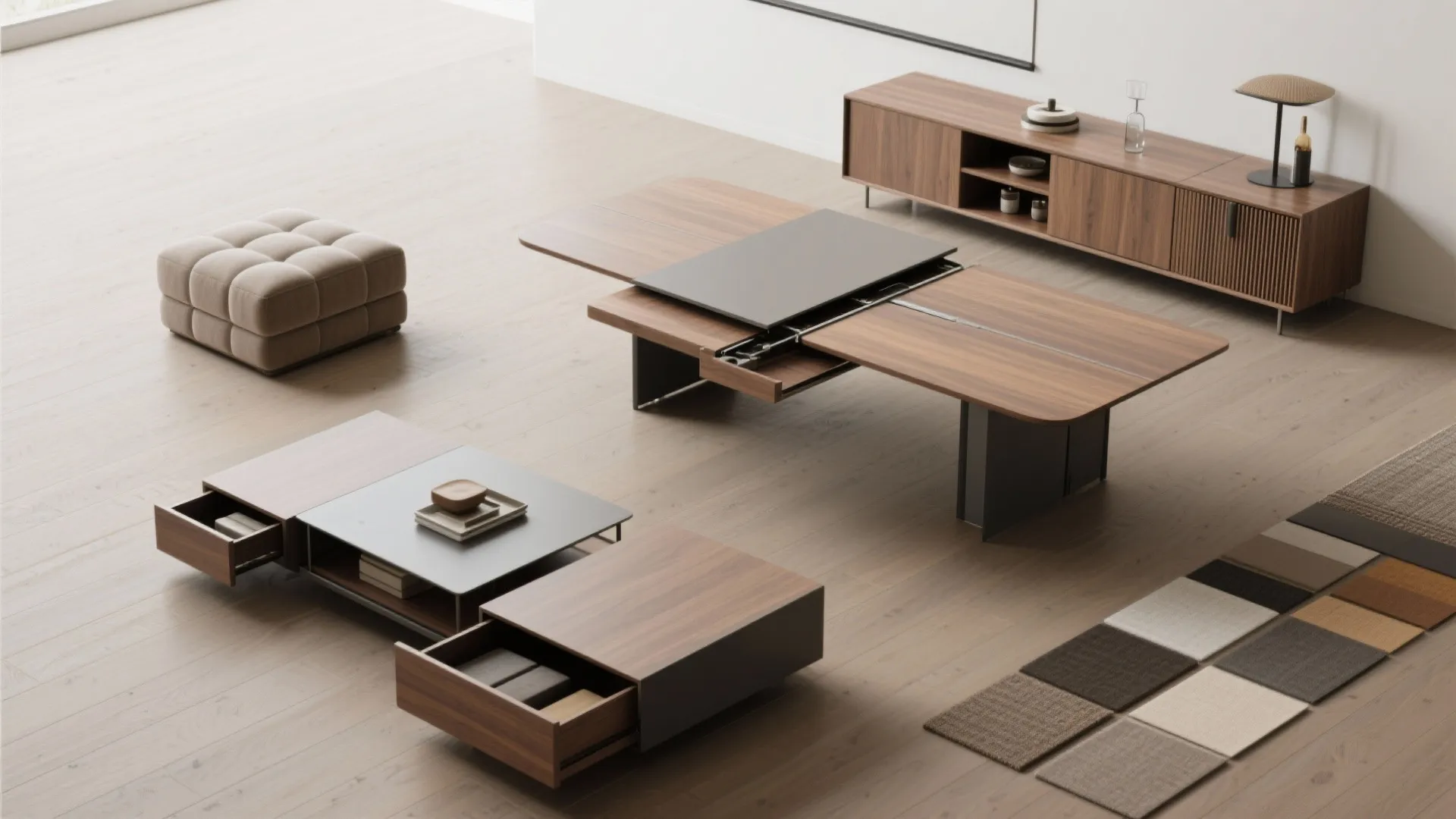 Top-down layout of flexible multi-use furniture: extendable table, nesting tables, storage ottoman, and convertible console.