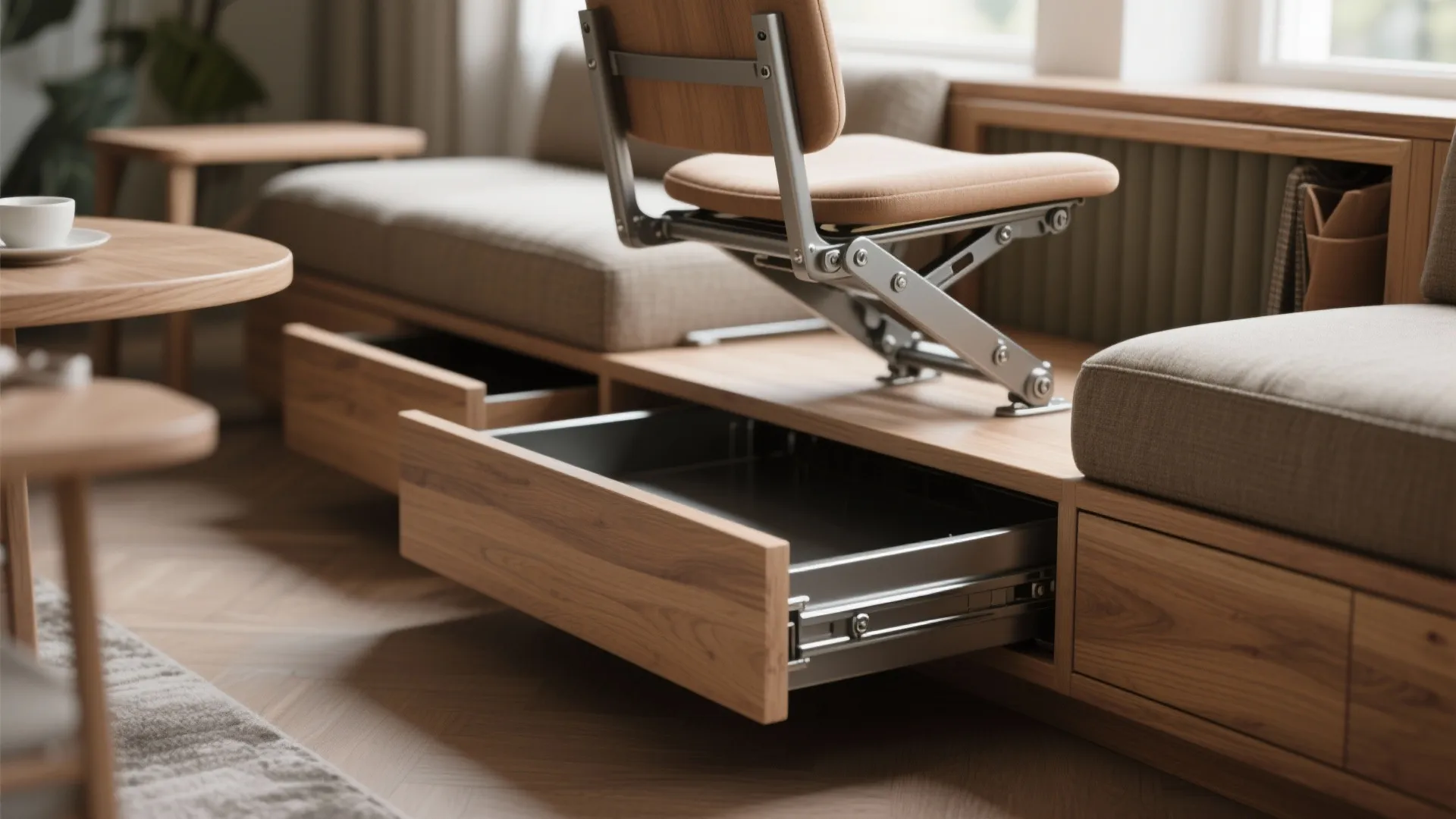 Wooden storage bench with open drawers and a swivel chair on top in a room