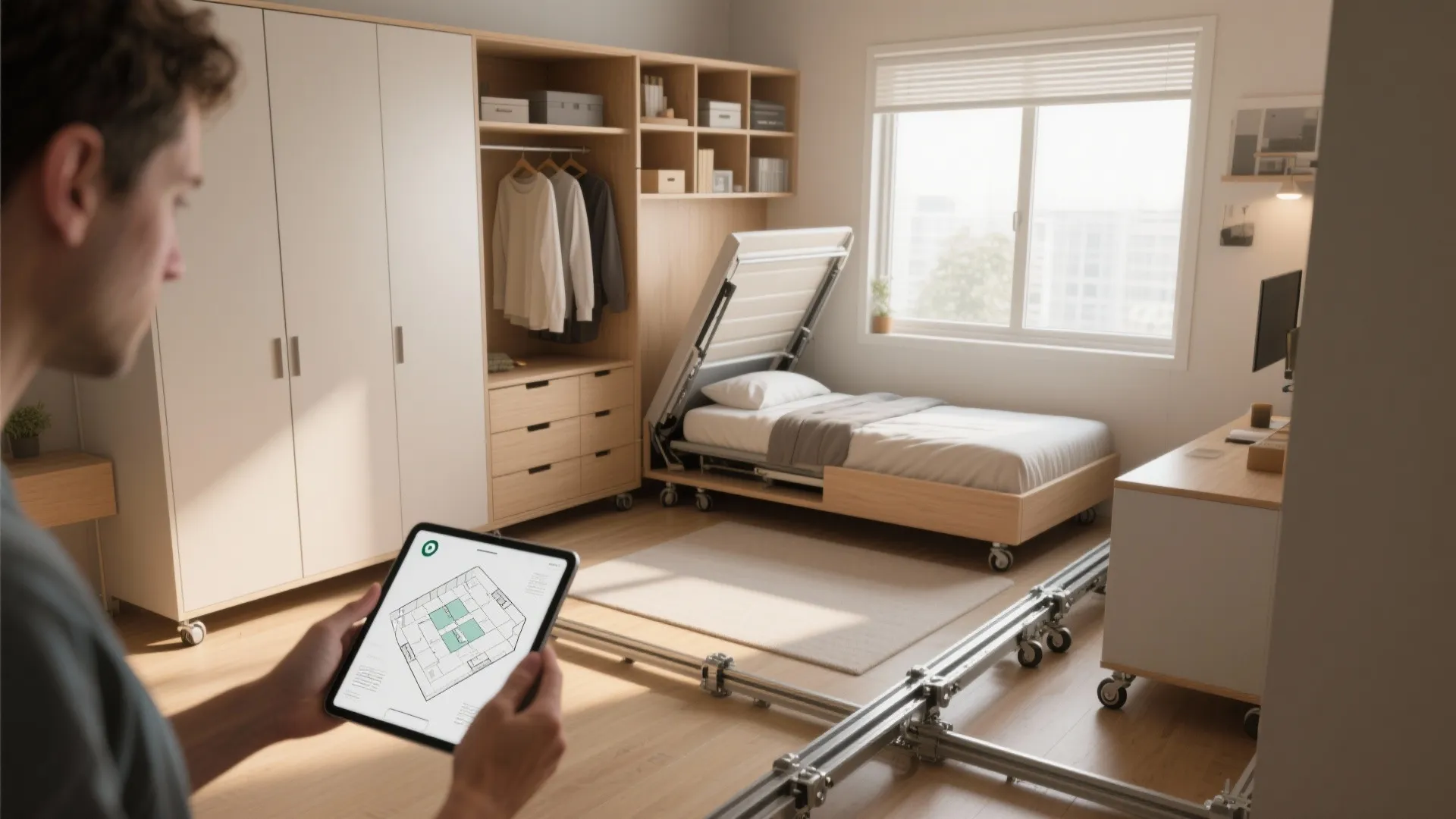 5. Flexible furniture and tech: rolling wardrobes and digital planning