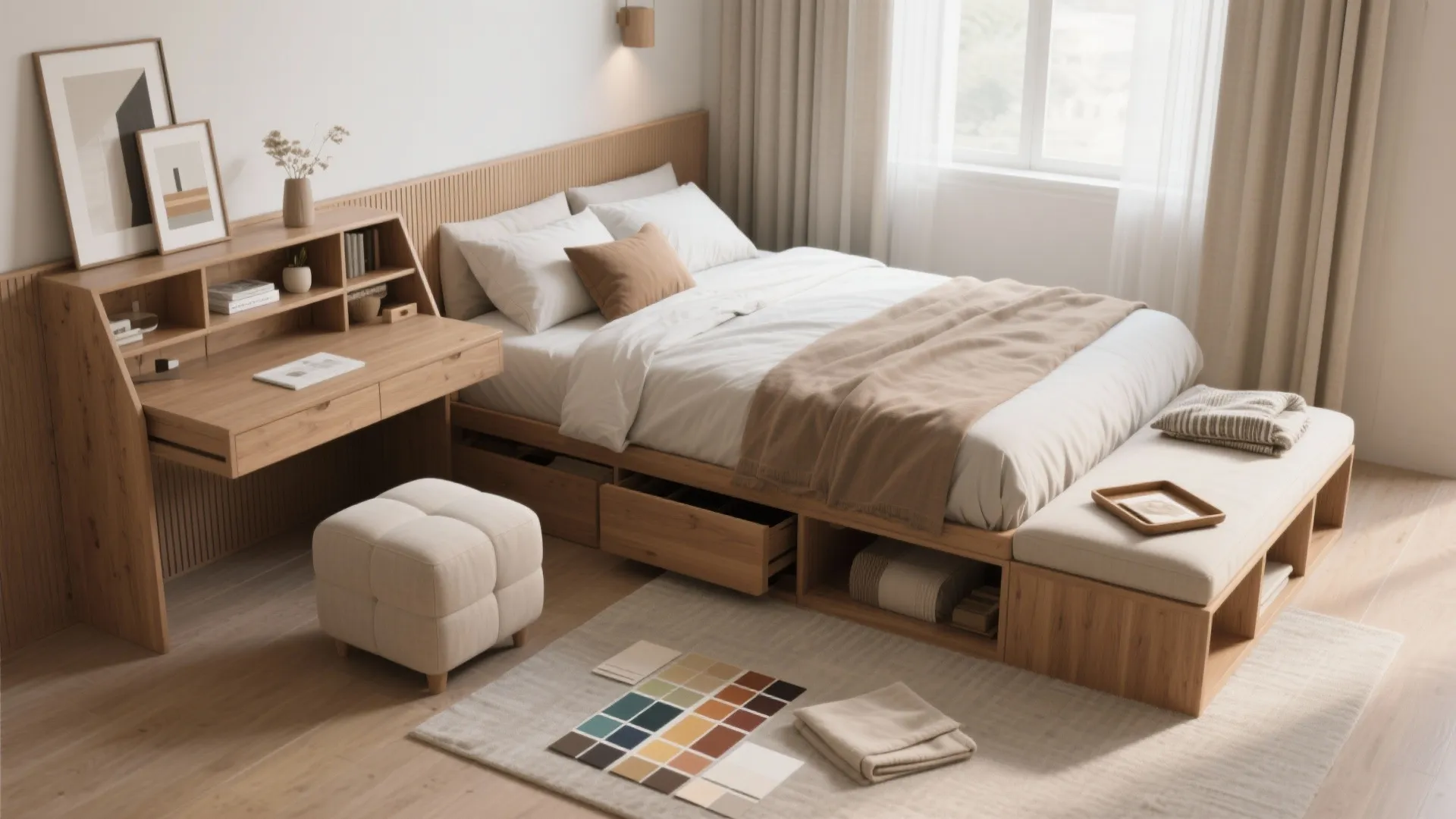 Small bedroom featuring a wooden bed with storage drawers, a matching desk, and beige footrest