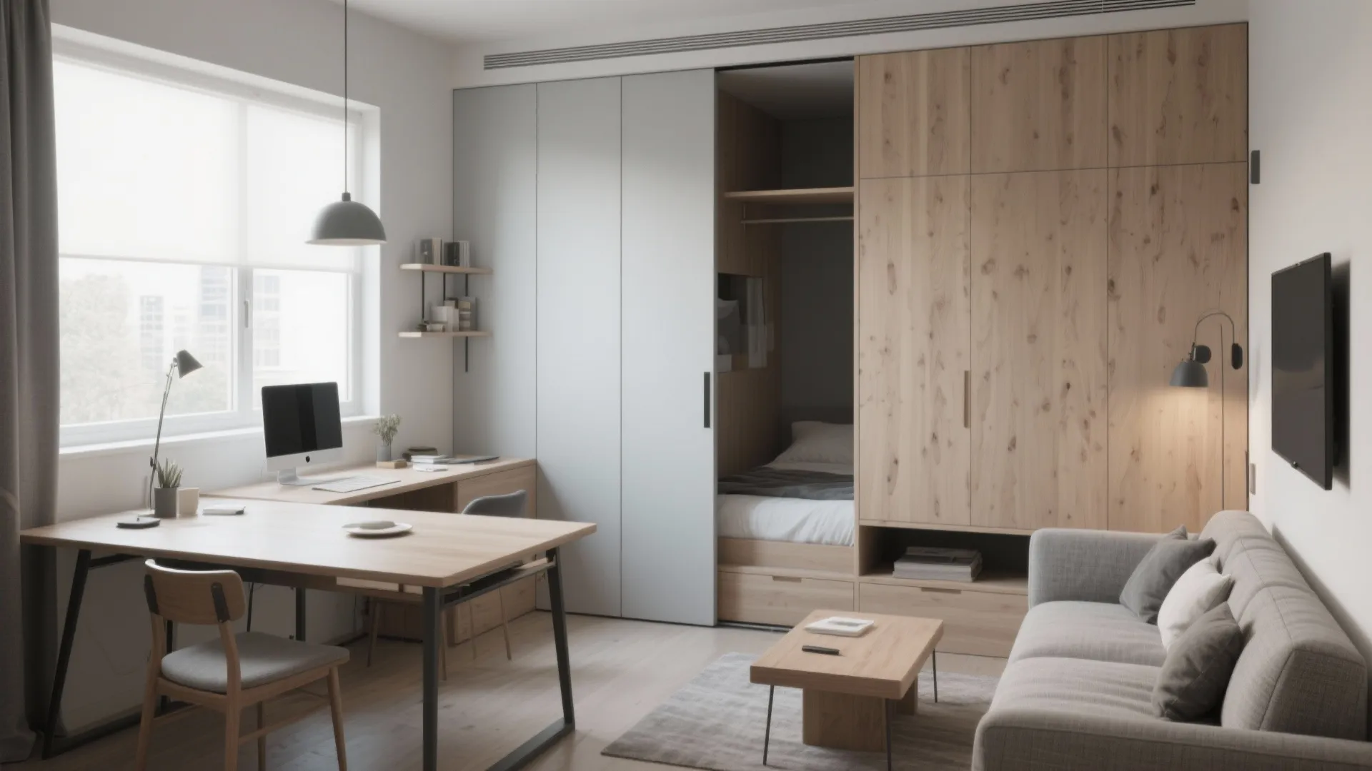 Small open-plan room with fold-down dining table, convertible sofa bed, and sliding panels hiding a bedroom.