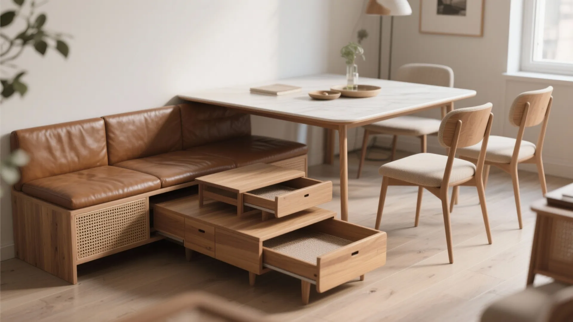 Bench tucked under a table and nested coffee tables showing flexible scaled furniture for small spaces.