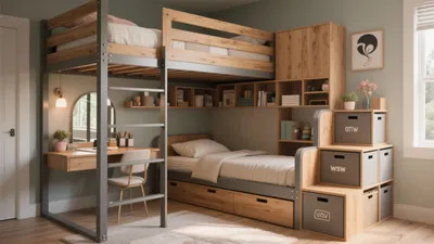Smart Bunk Bed Bedroom with Built-In Storage & Study Zone