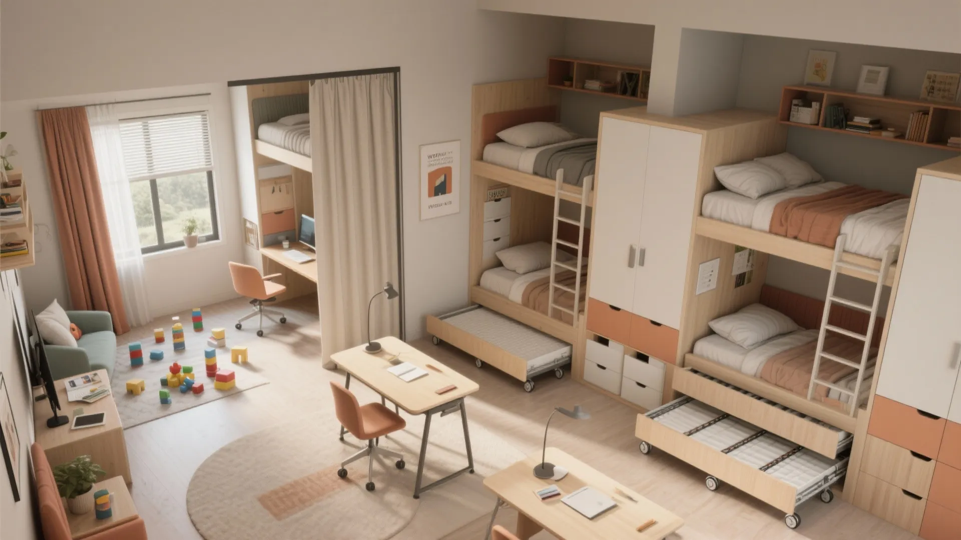 Top-down view showing flexible furniture layouts: fold-down desks, trundle beds, and a sliding fabric divider in a shared kids' room.