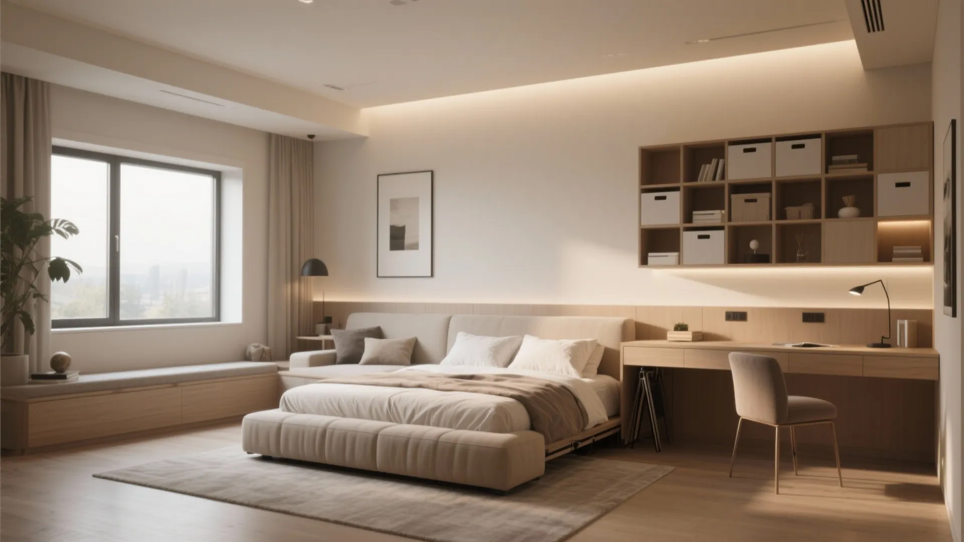 Bedroom interior with sleeper sofa, fold-down desk, and modular shelving for multi-use living.