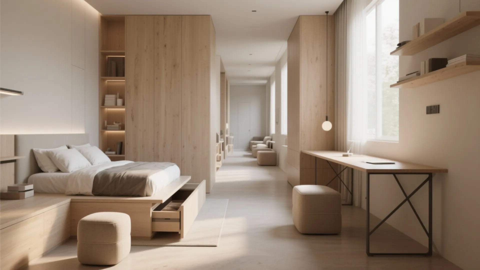 Bedroom with wood storage bed desk two footrests wall shelves and a long bright hallway view