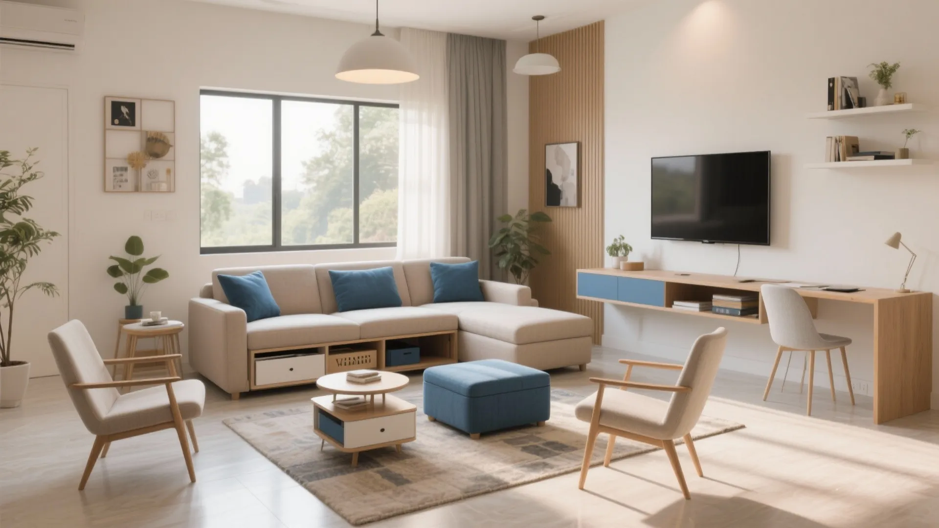 Modern bright living room with beige sofa blue cushions wooden desk wall panels and ceiling lights
