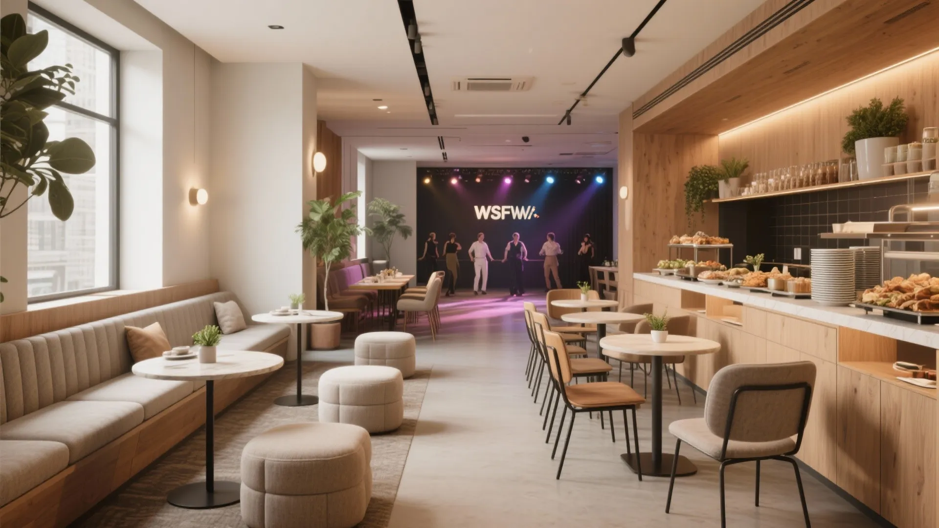 Compact hall with modular ottomans, banquettes, and foldable tables enabling quick layout flips.