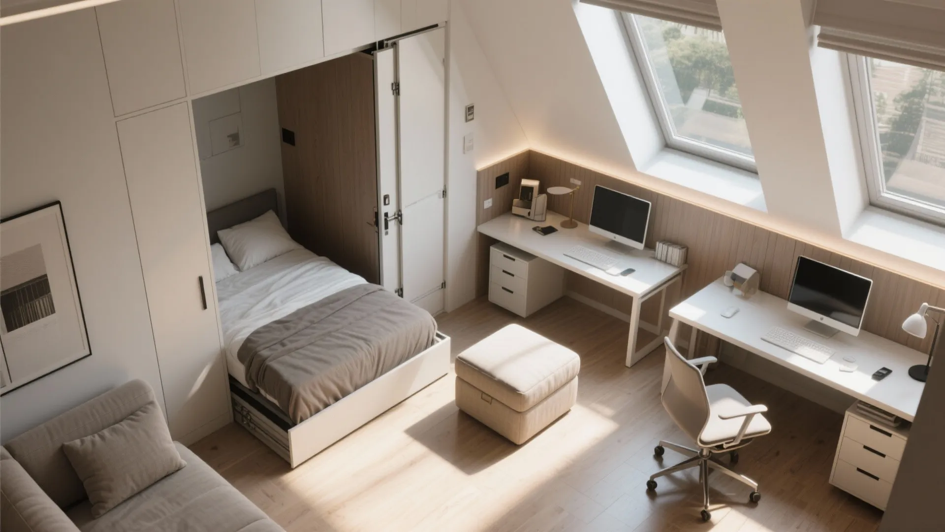 Multi-use room with Murphy bed and convertible sofa showing flexible guest-ready furniture