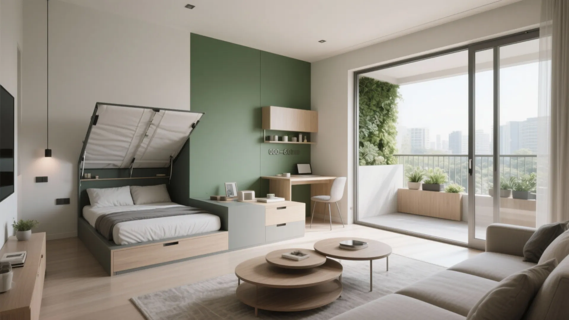 Modern studio apartment featuring a fold out wall bed green accent wall and small desk