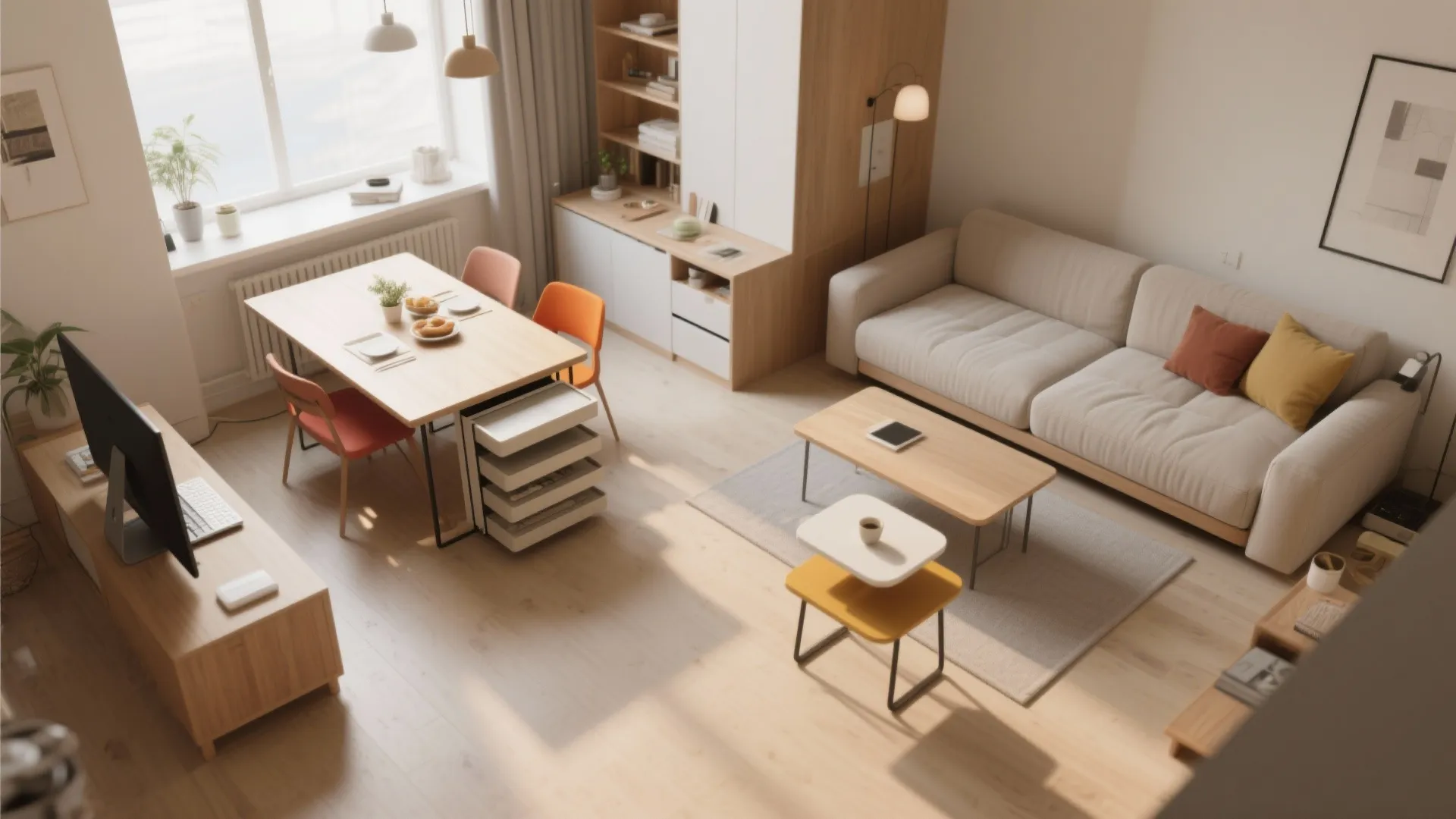 Open living and dining room with cream sofa plus wooden table and chairs plus natural light