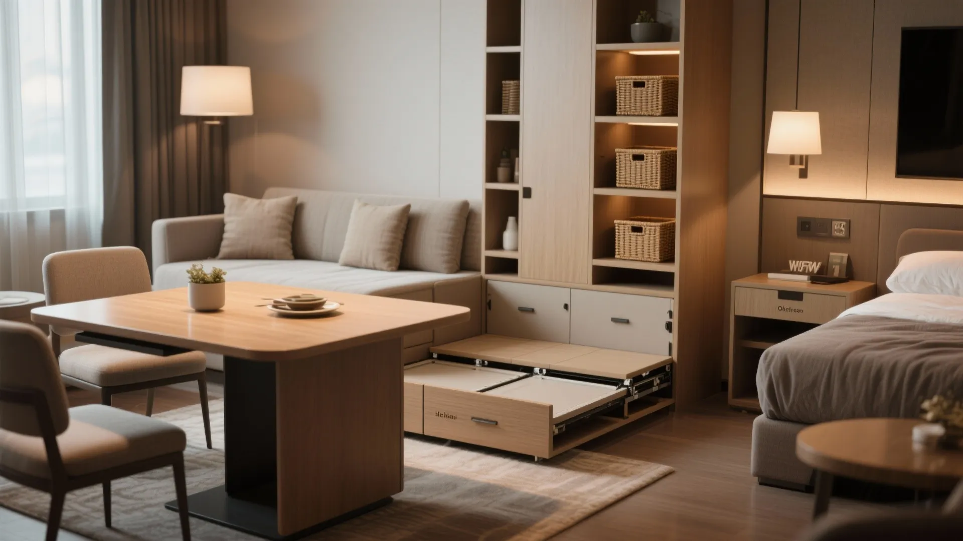 Fold-down table and modular sofa showing flexible furniture solutions in a suite