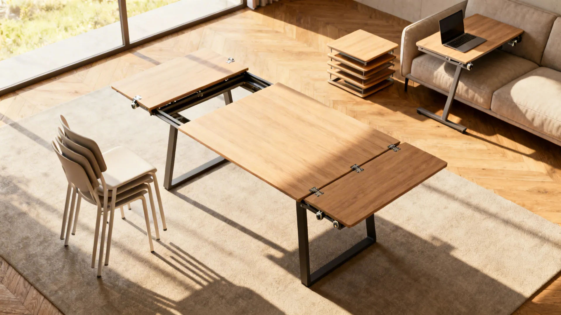 Extendable table, nesting side tables, and lightweight chairs showing flexible multi-use living solutions